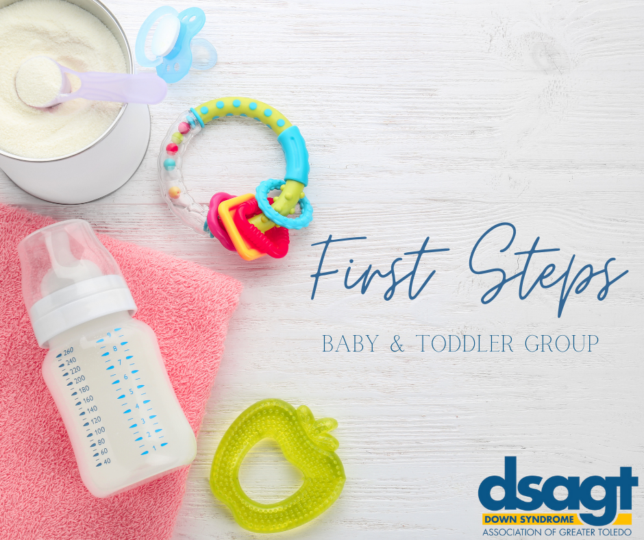 First Steps graphic with baby bottle and toys