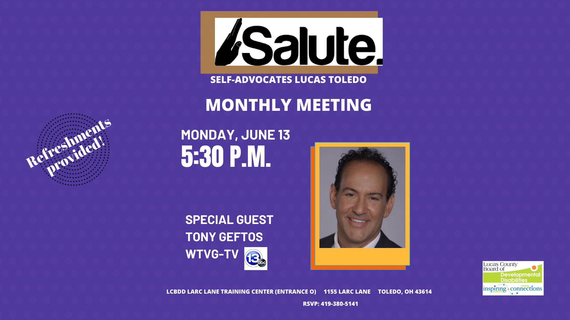 Purple graphic with head shot of Tony Geftos and location information for SALUTE meeting. 