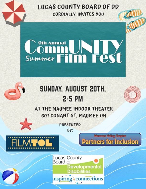 Flyer for 2023 CommUNITY Film Fest with a beach and sand theme