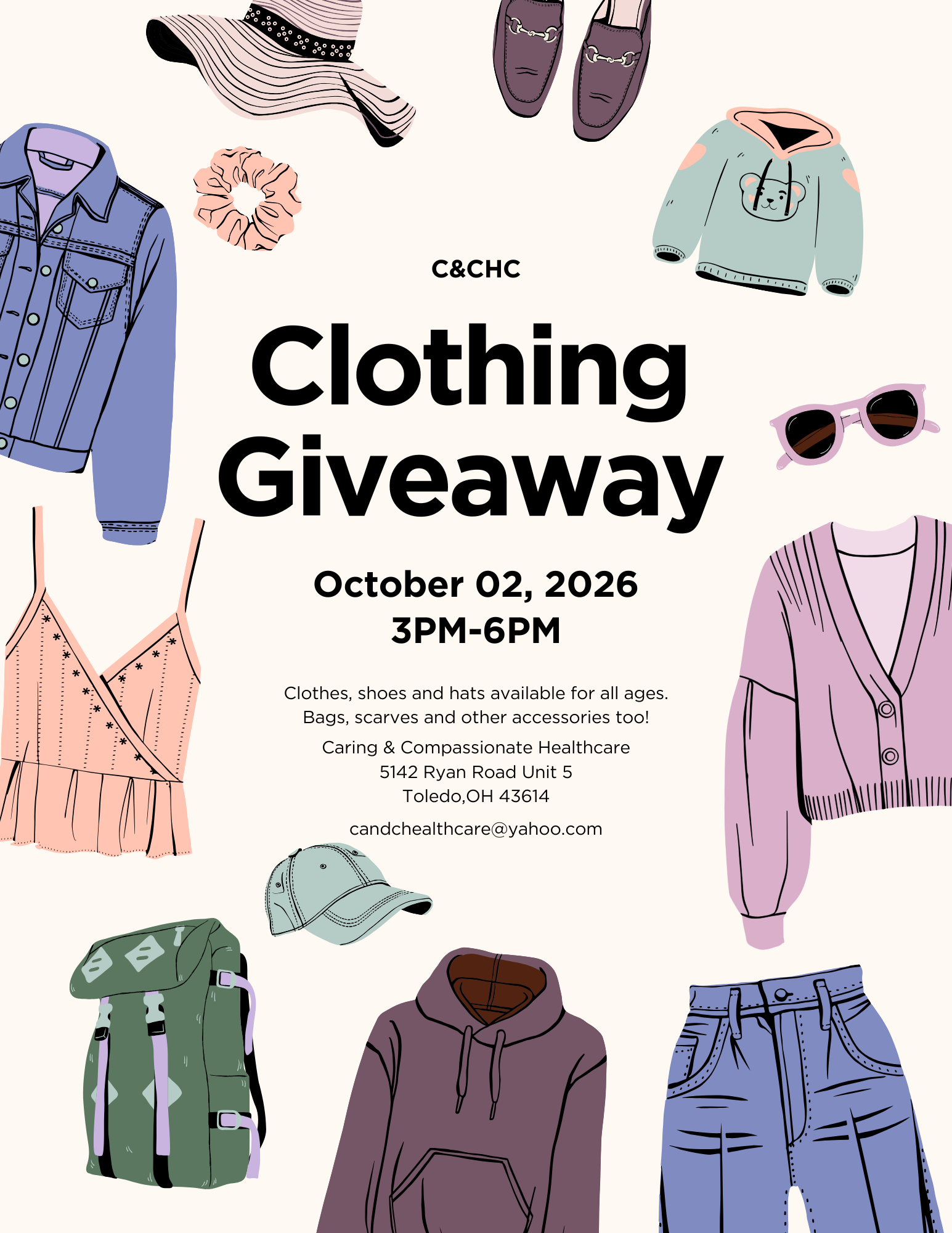 Flyer for a C&CHC Clothing Giveaway on October 2, 2026, from 3–6 p.m. at Caring & Compassionate Healthcare in Toledo. The giveaway offers free clothes, shoes, hats, bags, scarves, and other accessories for all ages. The flyer features illustrations of clothing and accessories.