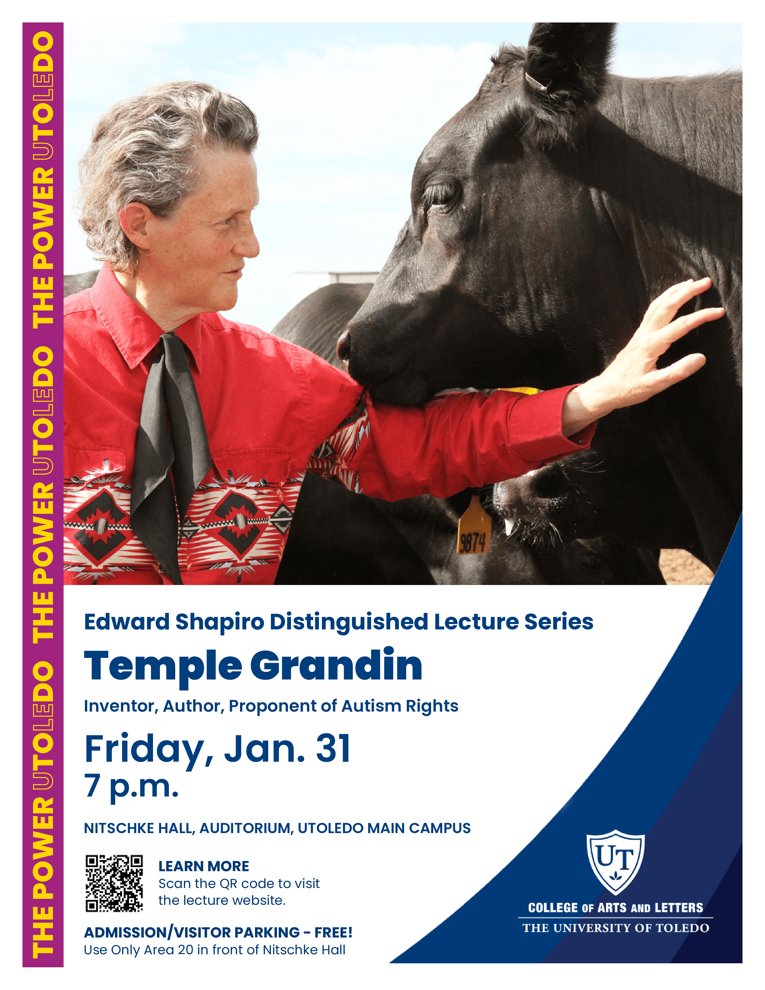 Image of Temple Grandin petting a cow