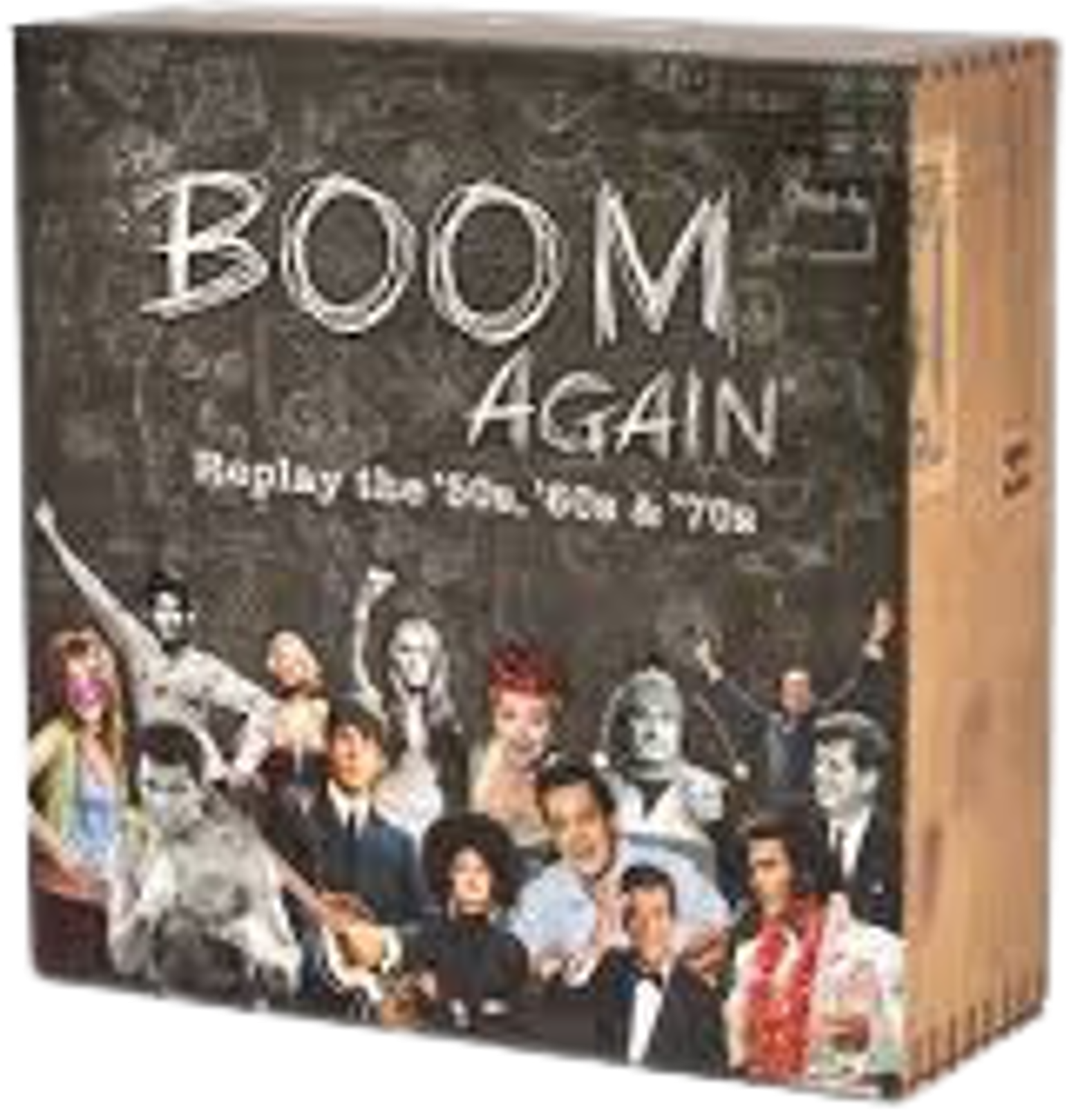 Boom Again game box showing people well-known in the 1950s, '60s, and '70s