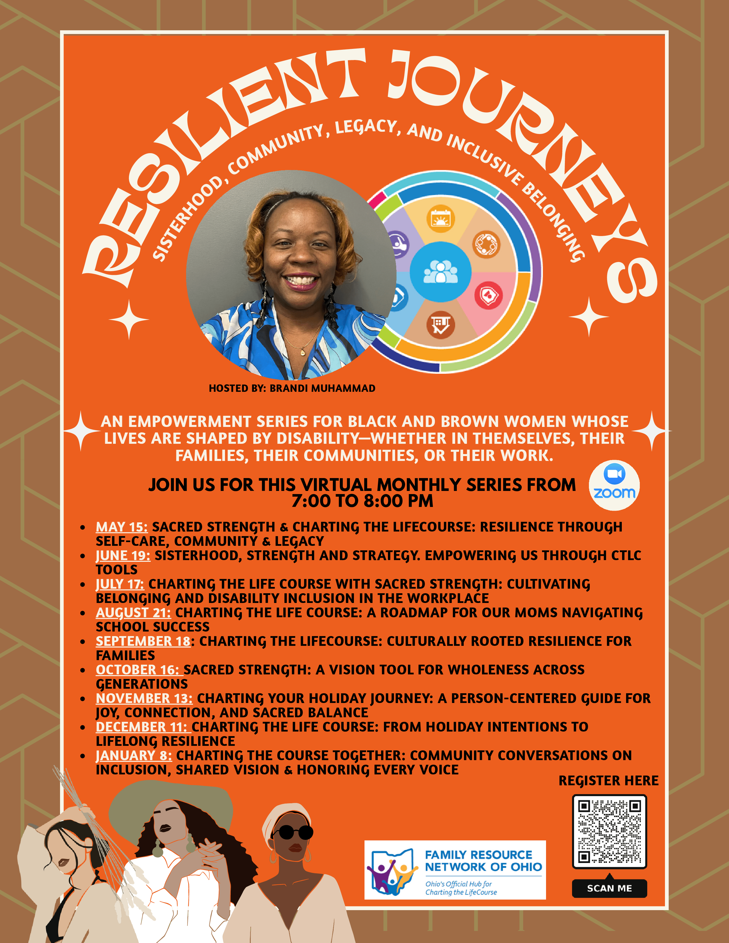 text with description of zoom sessions including JUNE 19: SISTERHOOD, STRENGTH AND STRATEGY. EMPOWERING US THROUGH CTLC TOOLS JULY 17: CHARTING THE LIFE COURSE WITH SACRED STRENGTH: CULTIVATING BELONGING AND DISABILITY INCLUSION IN THE WORKPLACE AUGUST 21: CHARTING THE LIFE COURSE: A ROADMAP FOR OUR MOMS NAVIGATING SCHOOL SUCCESS SEPTEMBER 18: CHARTING THE LIFECOURSE: CULTURALLY ROOTED RESILIENCE FOR FAMILIES OCTOBER 16: SACRED STRENGTH: A VISION TOOL FOR WHOLENESS ACROSS GENERATIONS NOVEMBER 13: CHARTING YOUR HOLIDAY JOURNEY: A PERSON-CENTERED GUIDE FOR JOY, CONNECTION, AND SACRED BALANCE DECEMBER 11: CHARTING THE LIFE COURSE: FROM HOLIDAY INTENTIONS TO LIFELONG RESILIENCE JANUARY 8: CHARTING THE COURSE TOGETHER: COMMUNITY CONVERSATIONS ON INCLUSION, SHARED VISION & HONORING EVERY VOICE