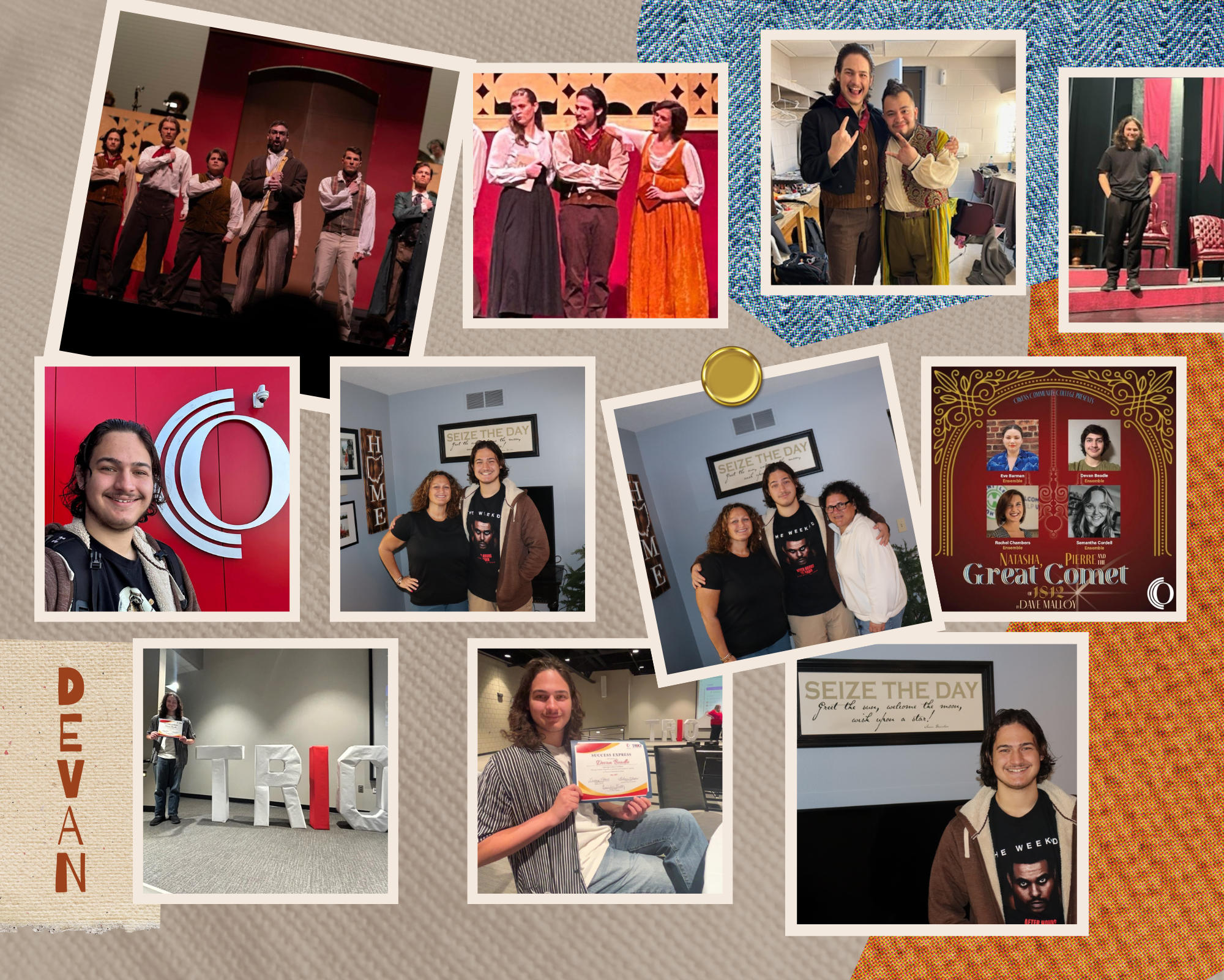 Collage of images with Devan performing on stage, accepting his Trio Award and at home with mom and SSA