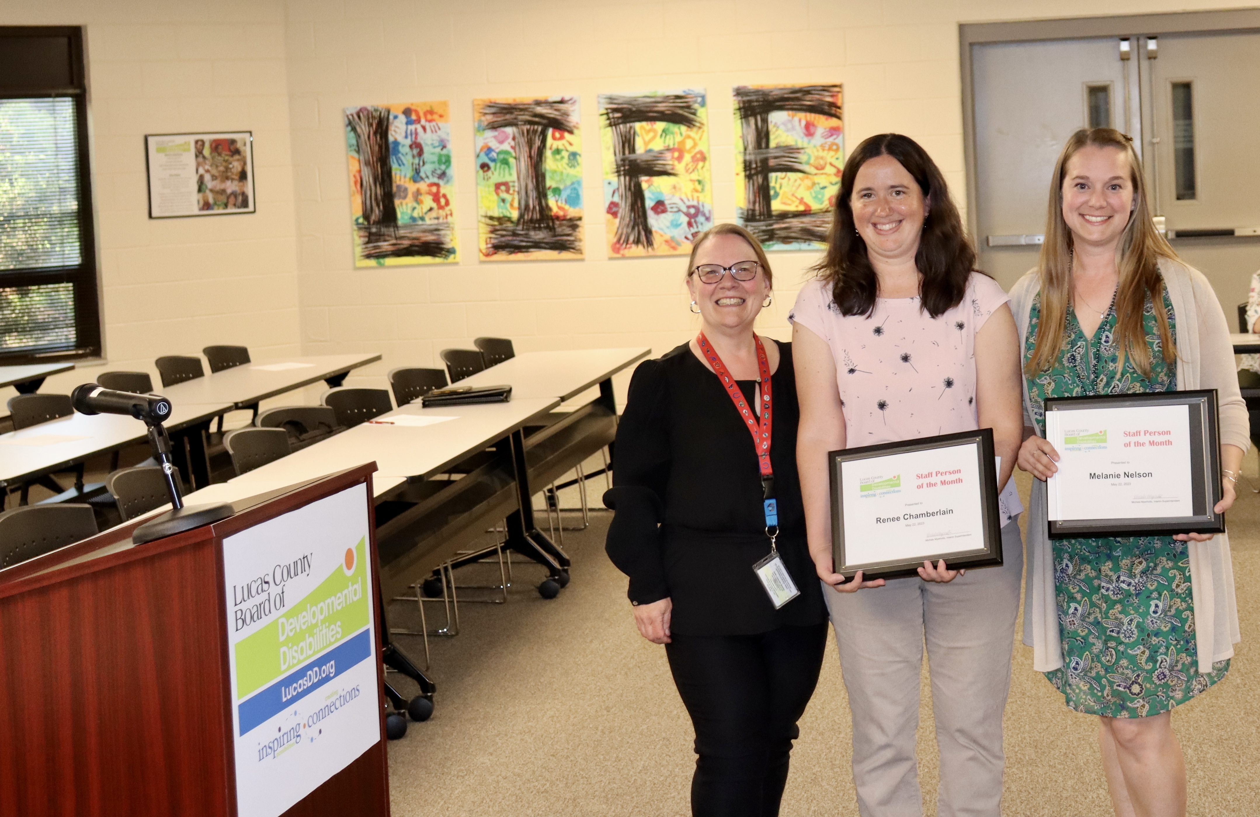 Picture of, from left, Donise Woodard, who nominated Renee Chamberlain, center, and Melanie Nelson for the Staff Person of the Month Award