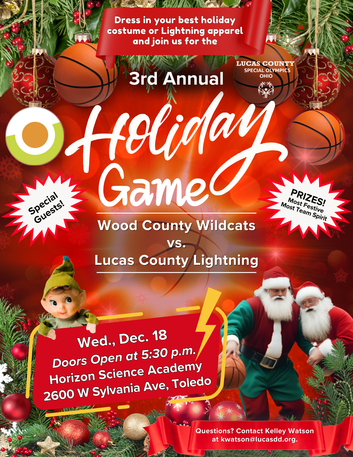 lucas county lightning flyer with santas playing basketball, and elf, and basketball ornaments