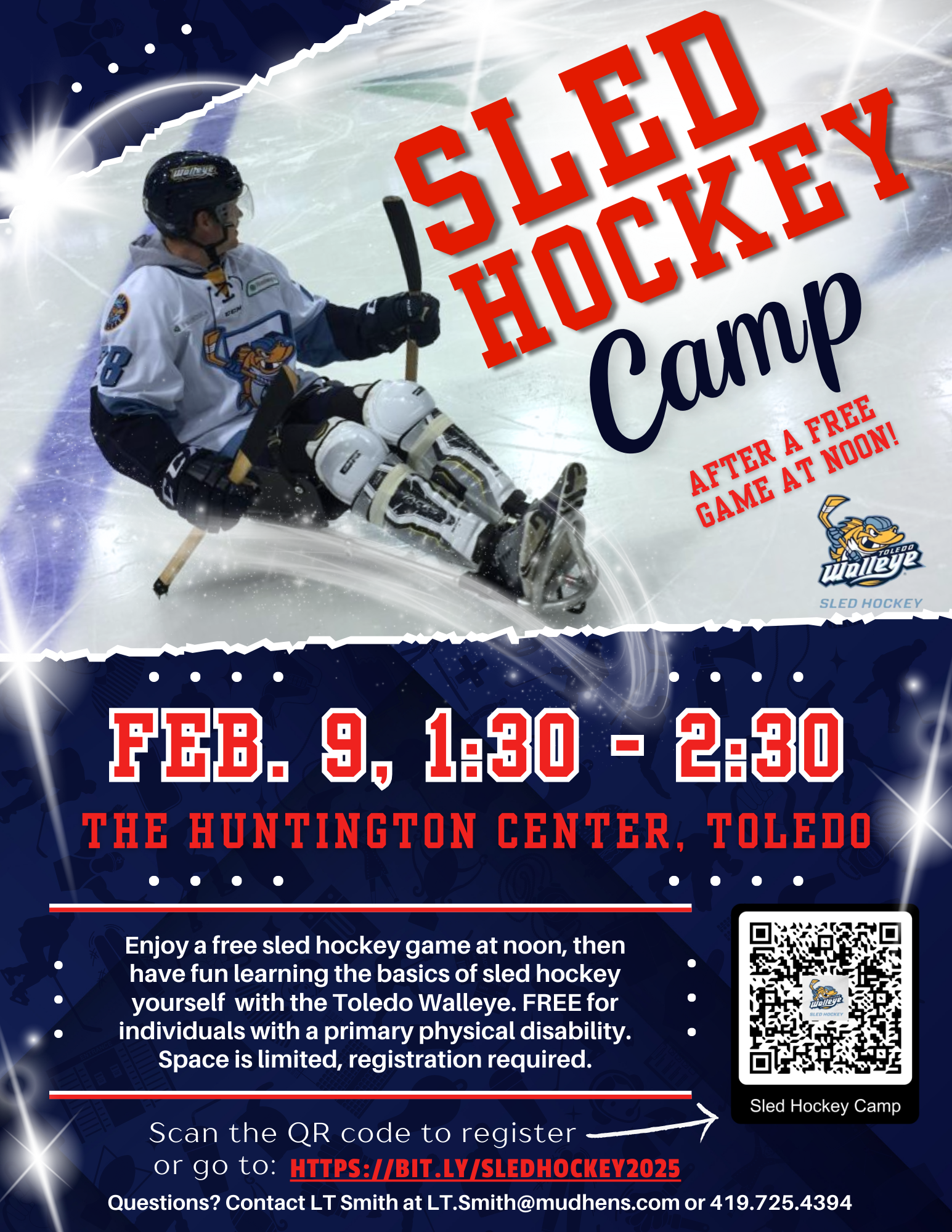 sled hockey player on the ice with toledo walleye logo and details about the sled hockey camp on february 9