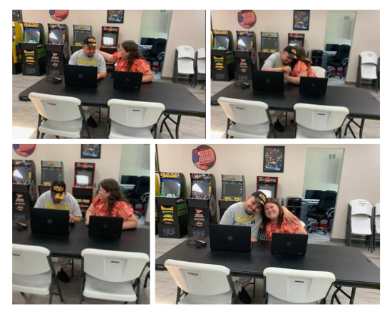 Collage of 4 photos of Tony and Sarah as he found out he won the laptop lottery.